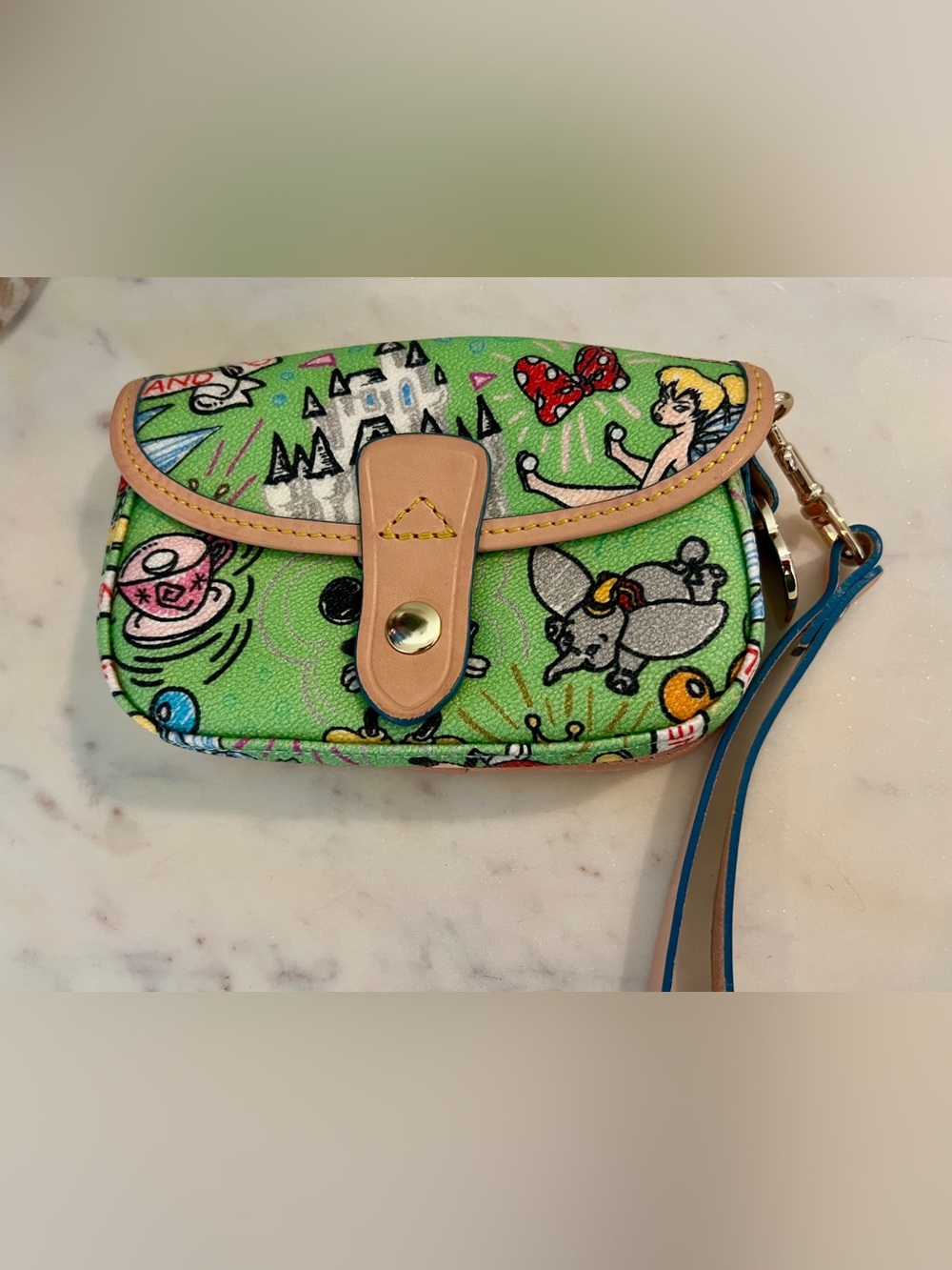 Disney Dooney & Bourke Green Sketch Pouch Wristlet Tinker Bell Dumbo